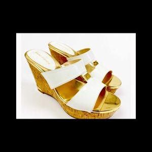 Marc Fisher White Patent Leather Wedge Sandals